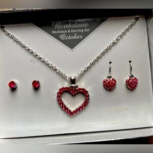October Birthstone Heart Necklace & Earrings Set Pink Crystal NIB